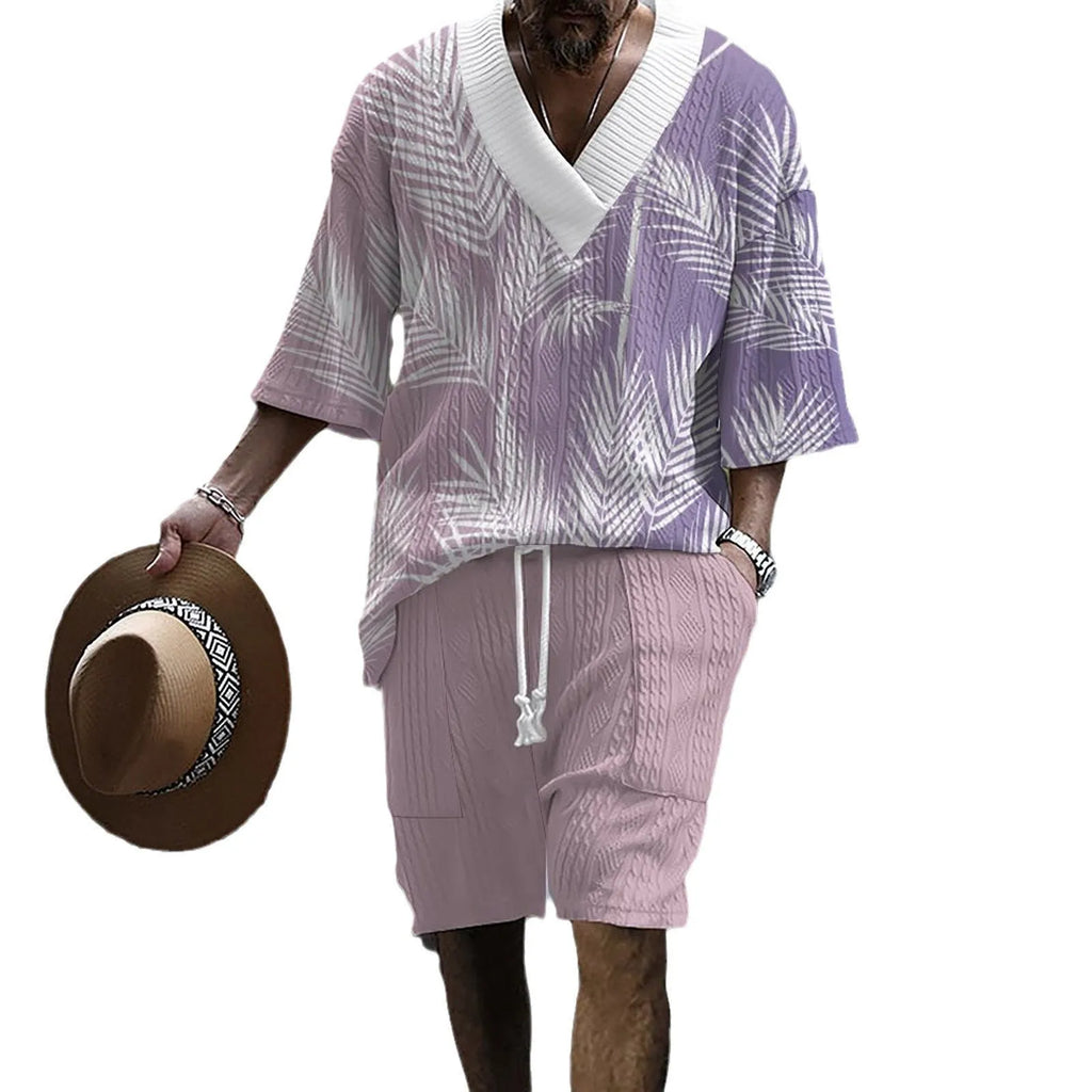 Men's printed drop-shoulder knitted shorts suit with short-sleeved top and matching shorts in chemical fibre blend fabric