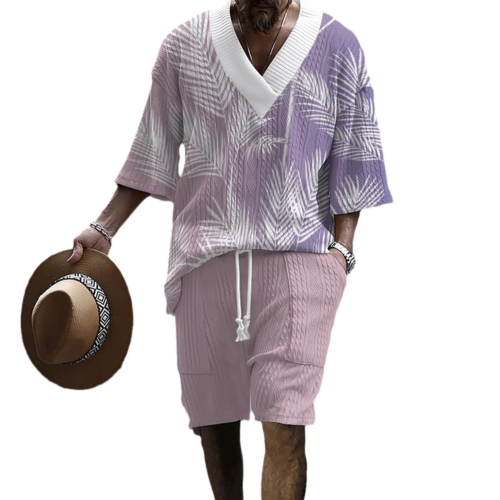 Men's printed drop-shoulder knitted shorts suit with short-sleeved top and matching shorts in chemical fibre blend fabric