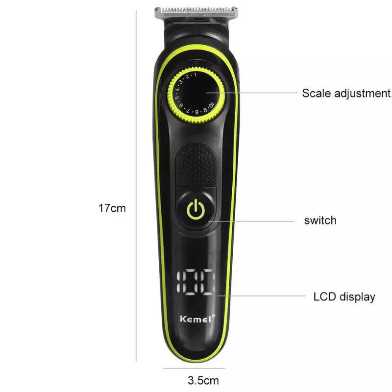 Black rechargeable electric hair clipper set with stainless steel blades, brush, and cloth.