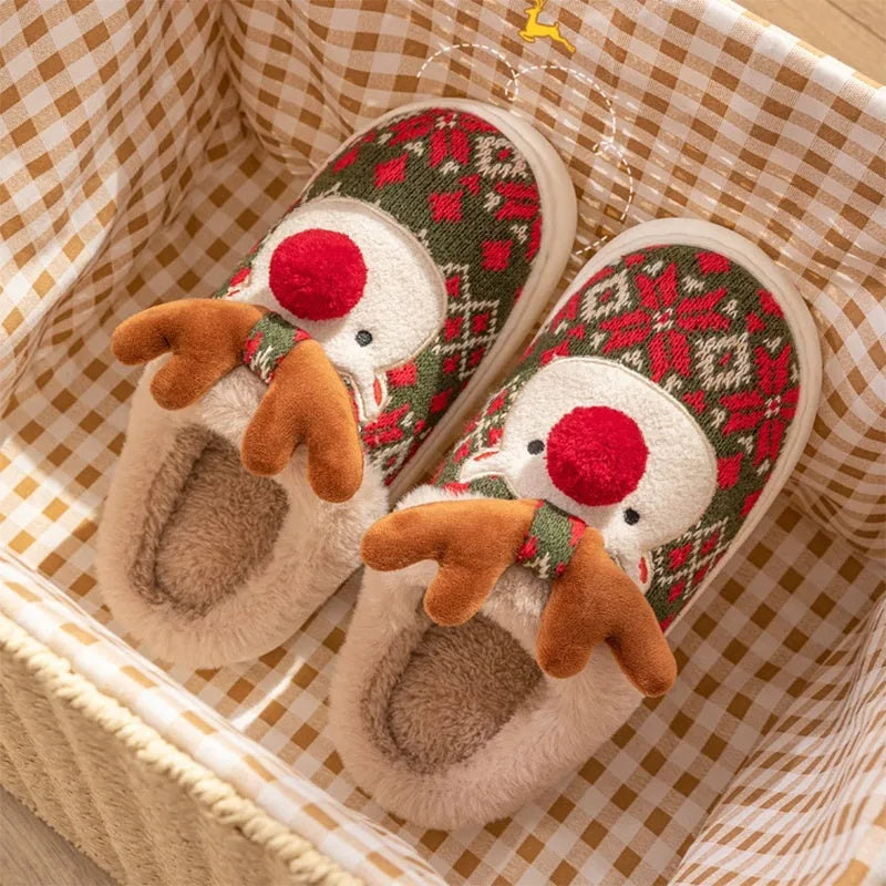 Cute Christmas elk plush slippers in red with colour block embroidery design