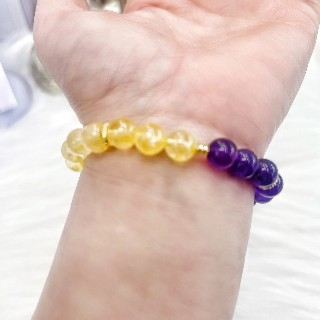 Handmade yellow and purple crystal bracelet with amethyst accents for women