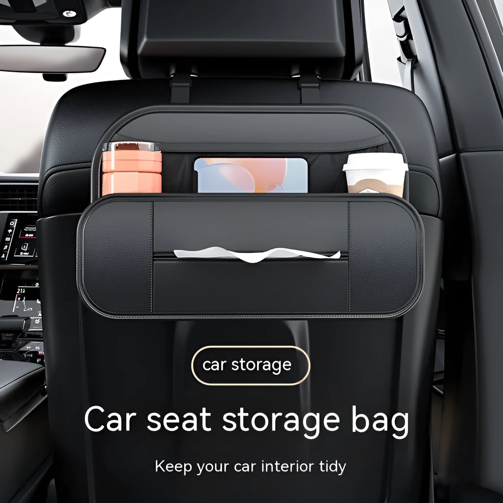 Black leather car seat back storage organiser with adjustable compartments