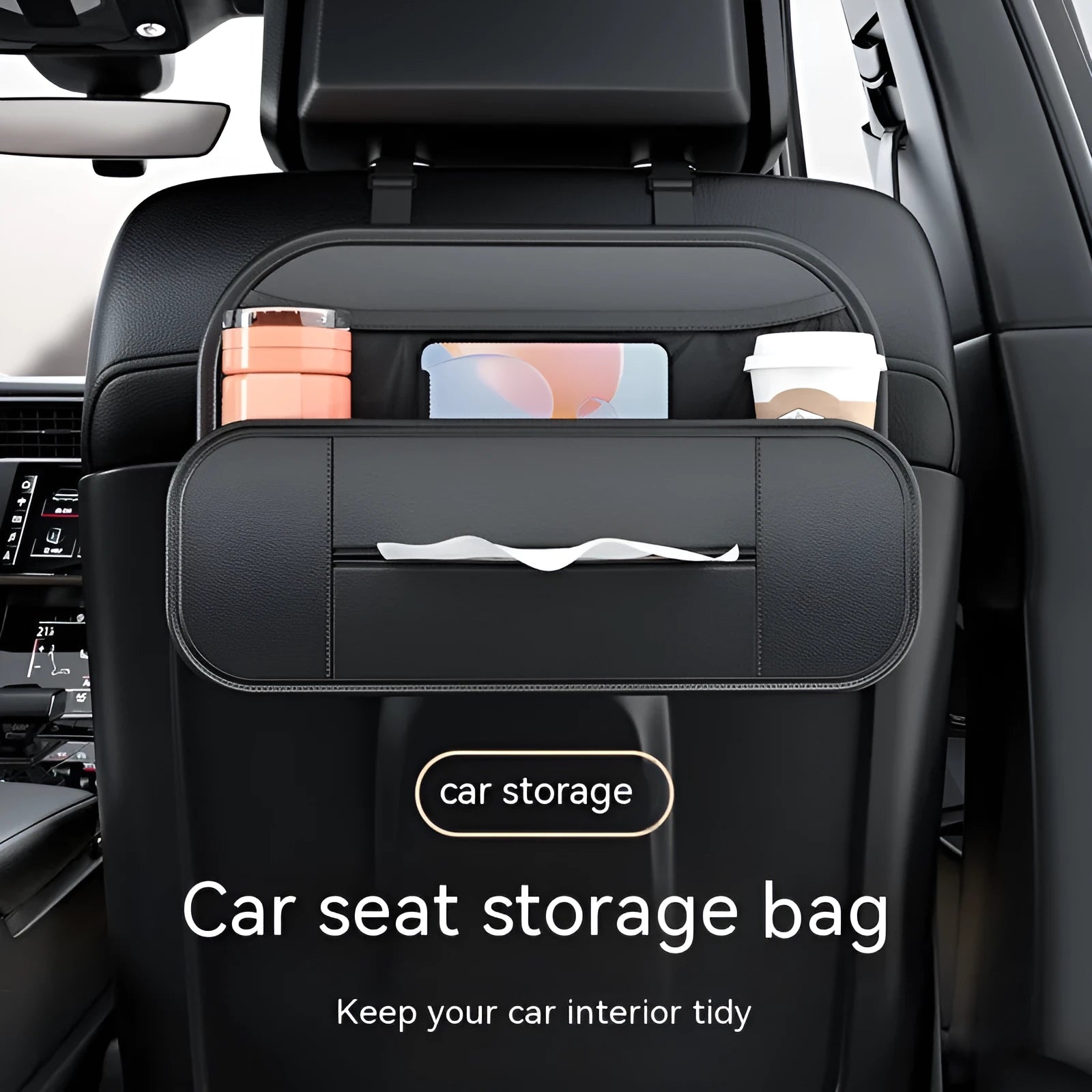 Black leather car seat back storage organiser with adjustable compartments