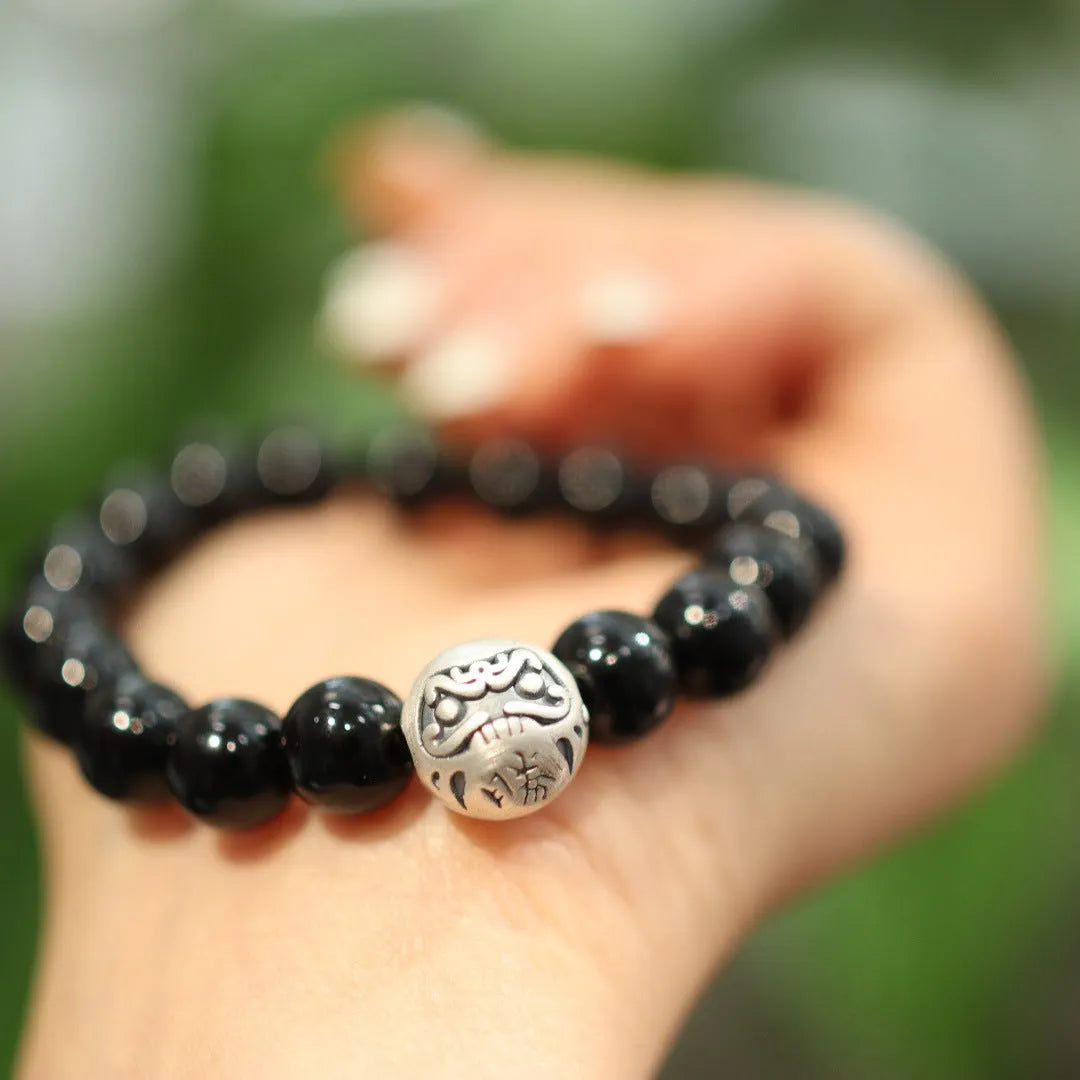 Women's black agate bracelet with 10mm beads and sterling silver clasp