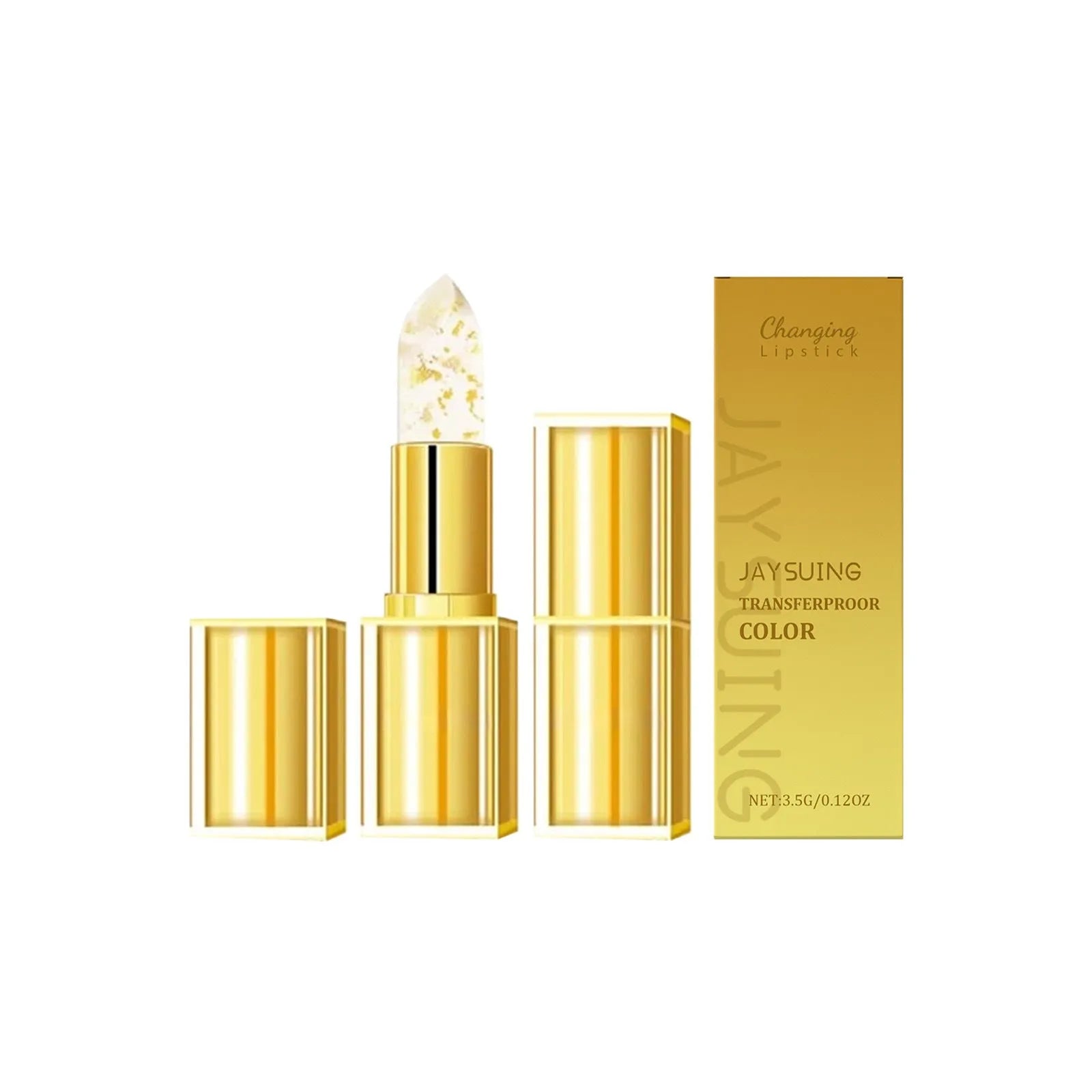 Gold foil nourishing lipstick in a gold case with hyaluronic acid and vitamin E, 3.5g content.