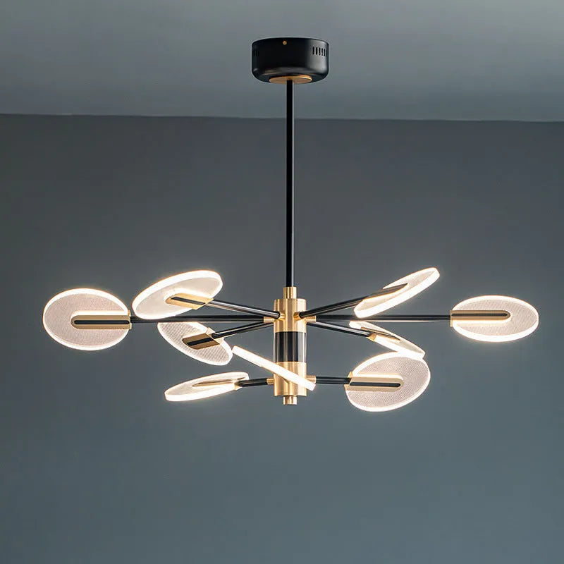 Nordic style iron and acrylic LED chandelier pendant lamp with multiple light heads.