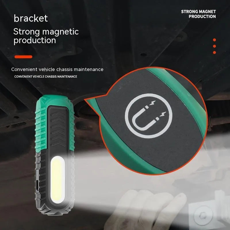 Black and green USB auto repair work light with PET-coated ABS plastic construction
