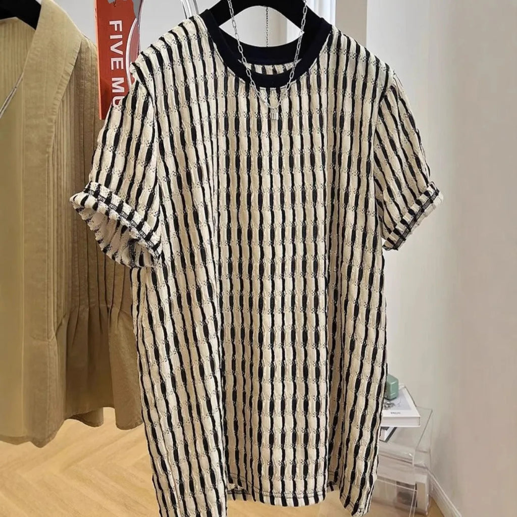 Black striped men's loose pullover shirt with short sleeves made from linen and silk blend fabric