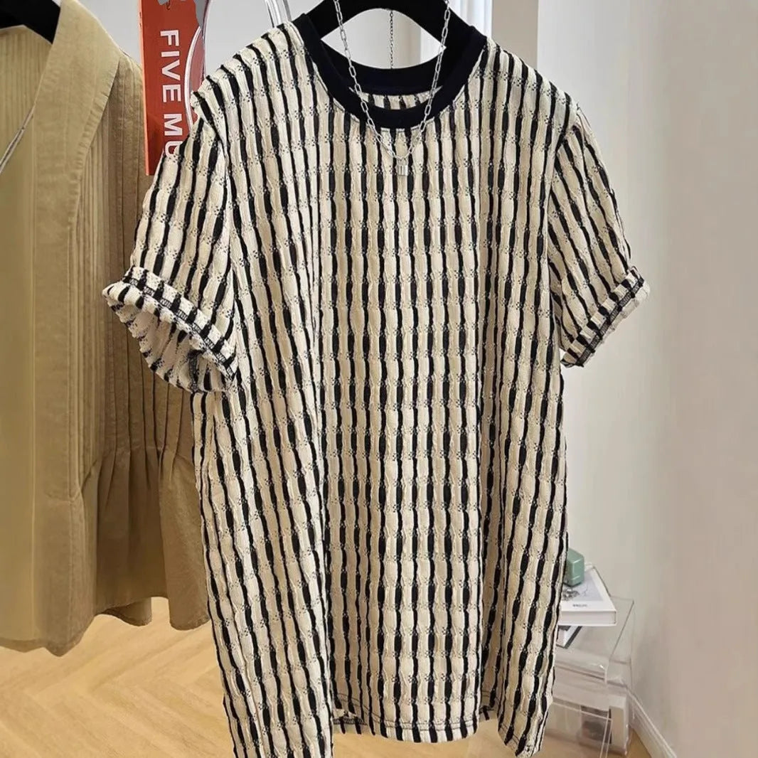 Black striped men's loose pullover shirt with short sleeves made from linen and silk blend fabric