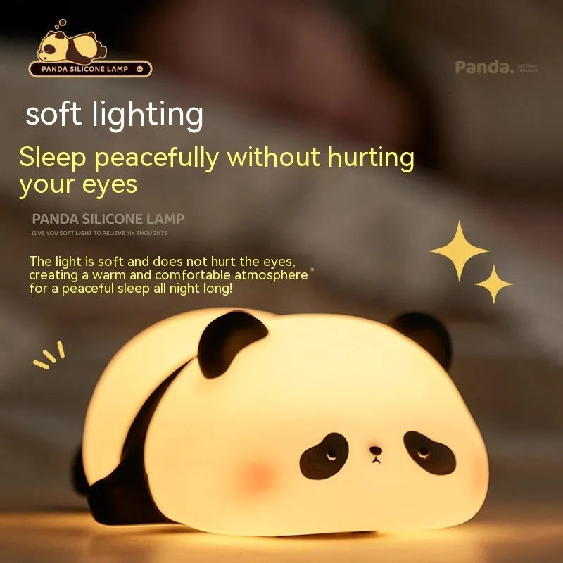 Cartoon panda night light with soft white glow on bedroom bedside table