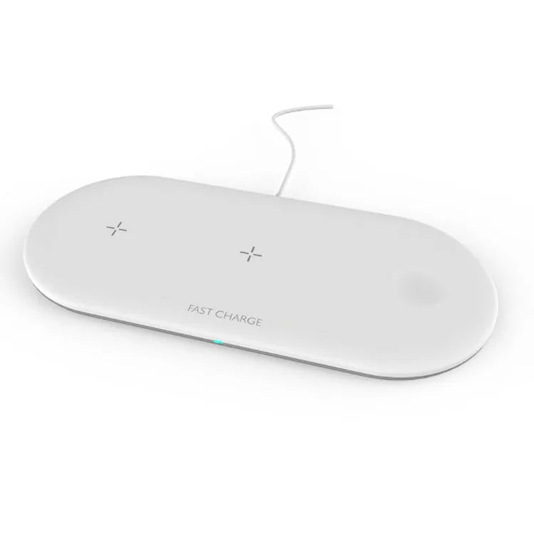 Black and white third-party wireless charging station for Apple iPhone, Watch, and AirPods on a desk.