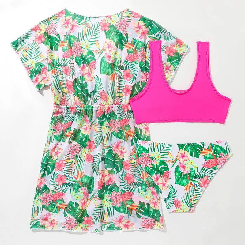 Girls' floral print two-piece swimsuit set with matching briefs for swimming