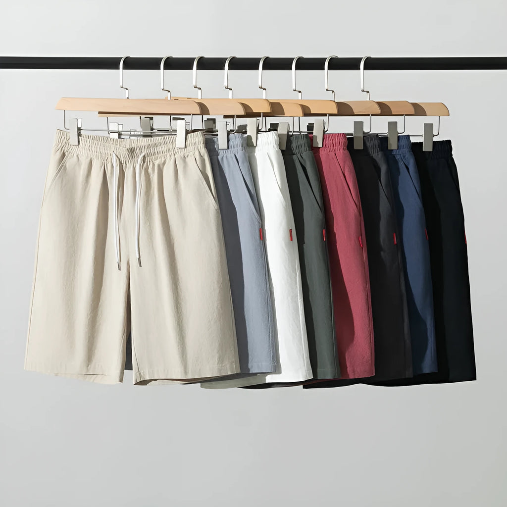 Cotton-linen cropped pants in solid colour with drawstring waist and mid-calf length