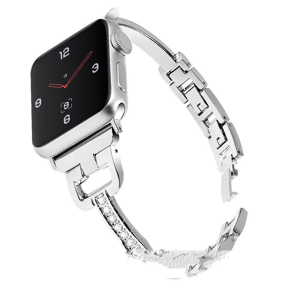 D-shaped metal diamond strap for Apple Watch in multiple colours on a grey background.