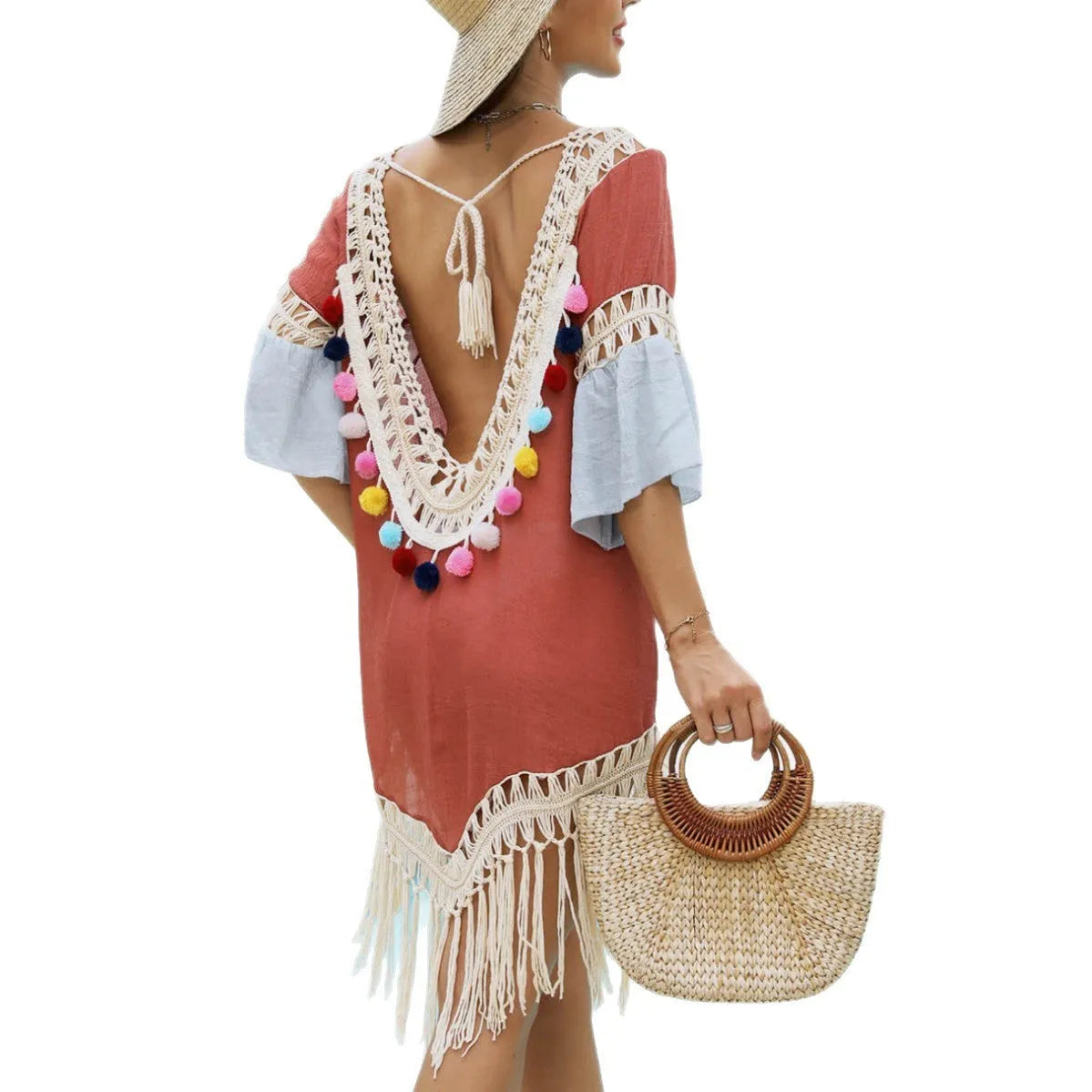 Orange floral pattern beach overskirt with hand crochet stitching and decorative tassels