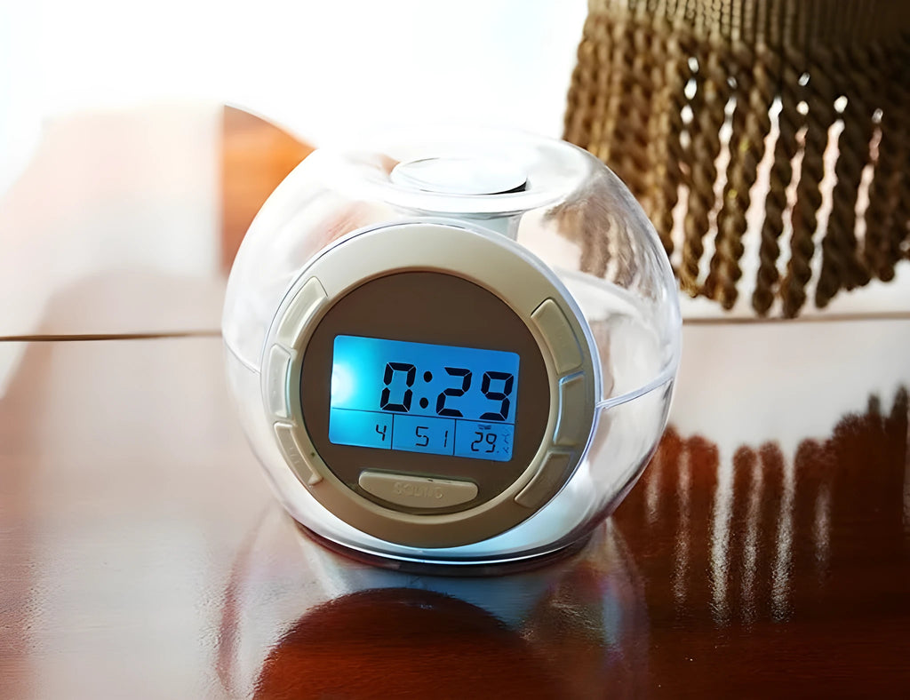 White colorful natural sound alarm clock with large LCD display and seven colour cycle light