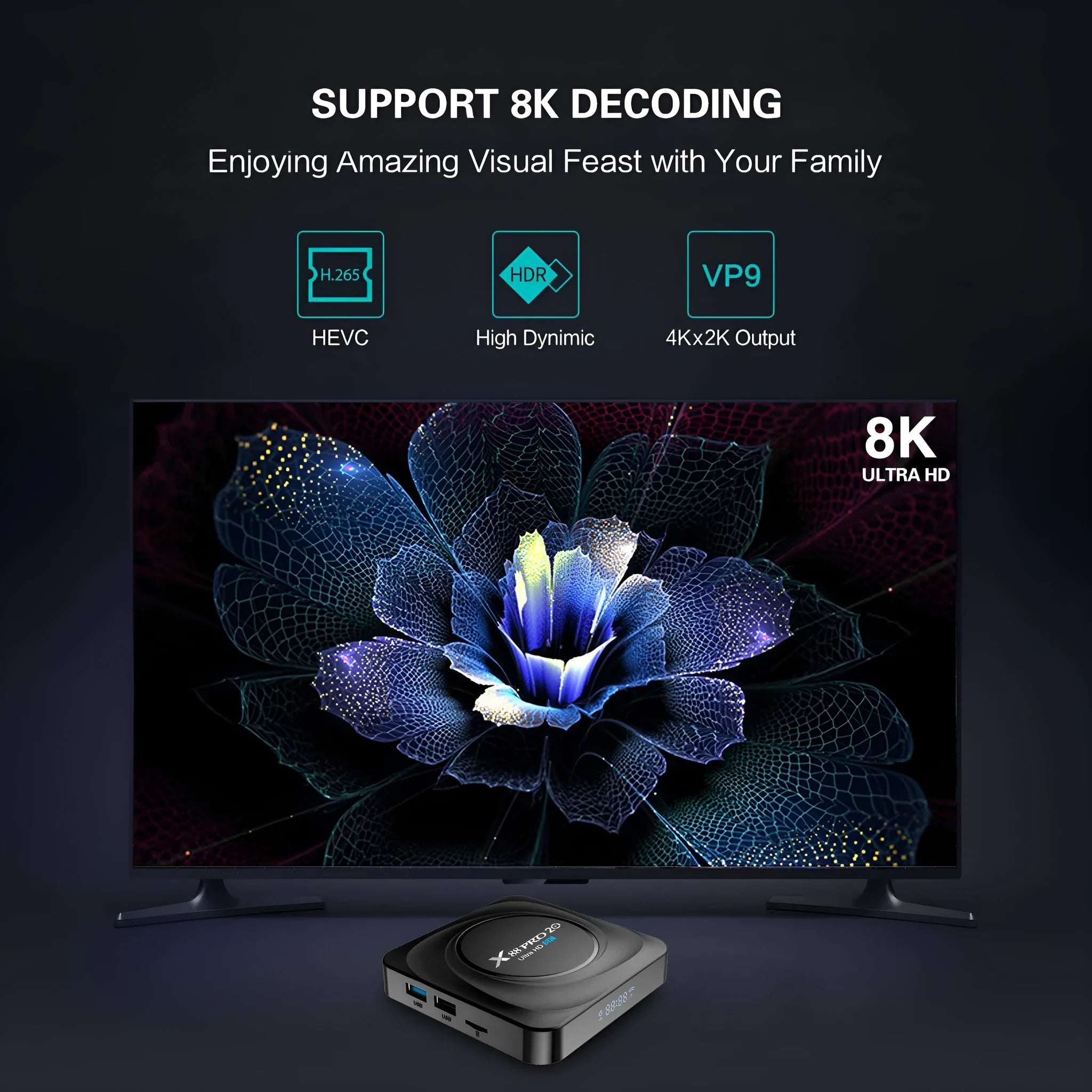 Android TV set-top box with remote control and HDMI cable on a colour box packaging.