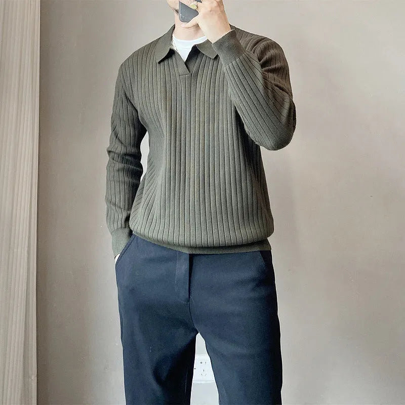 Men's loose grey striped lapel knitted sweater on a hanger