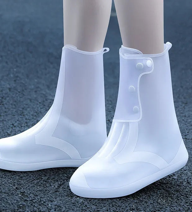 White high-top reusable PVC shoe covers with anti-skid soles for water resistant protection