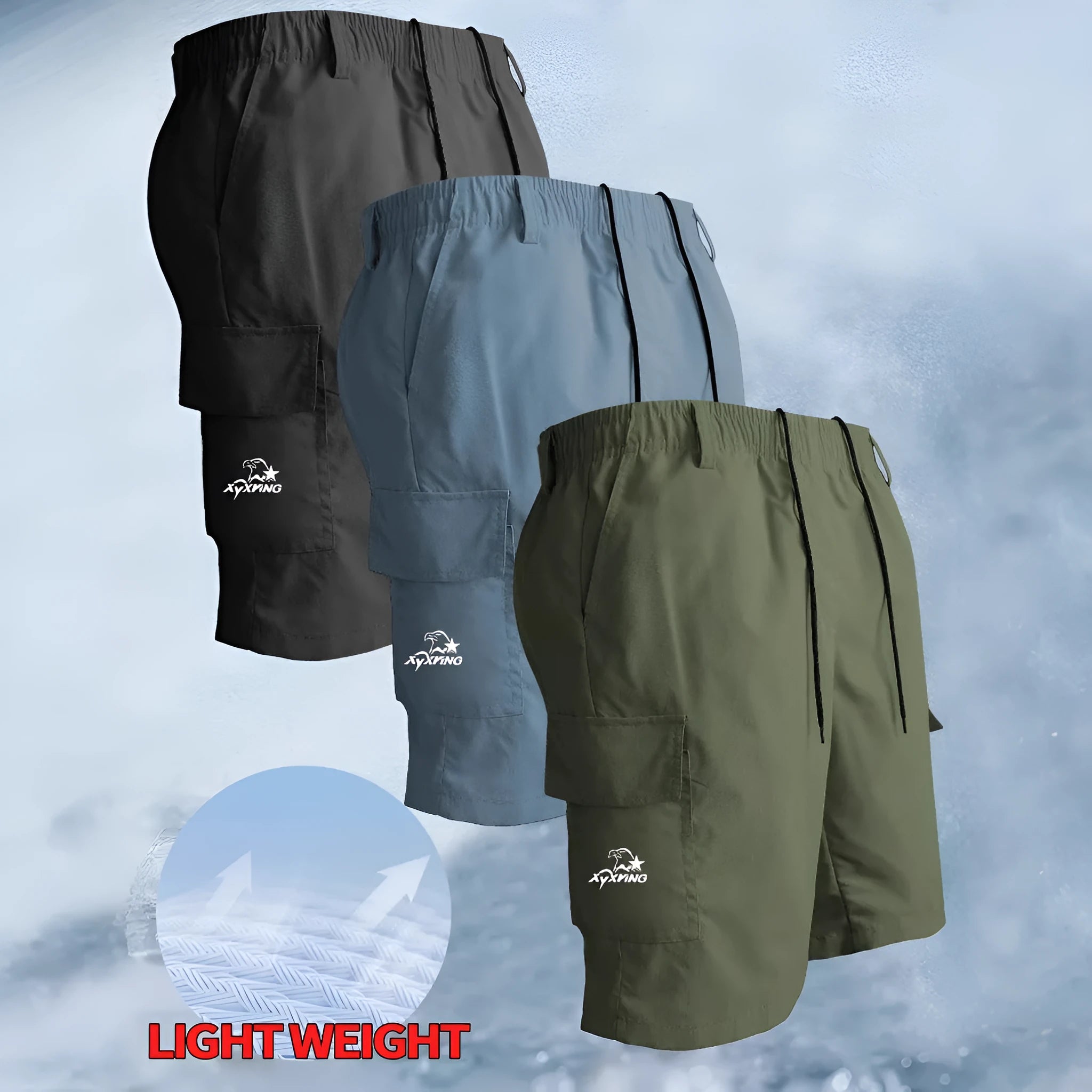 Man or woman wearing loose straight-cut black polyester casual sports shorts with a micro-elastic fabric.