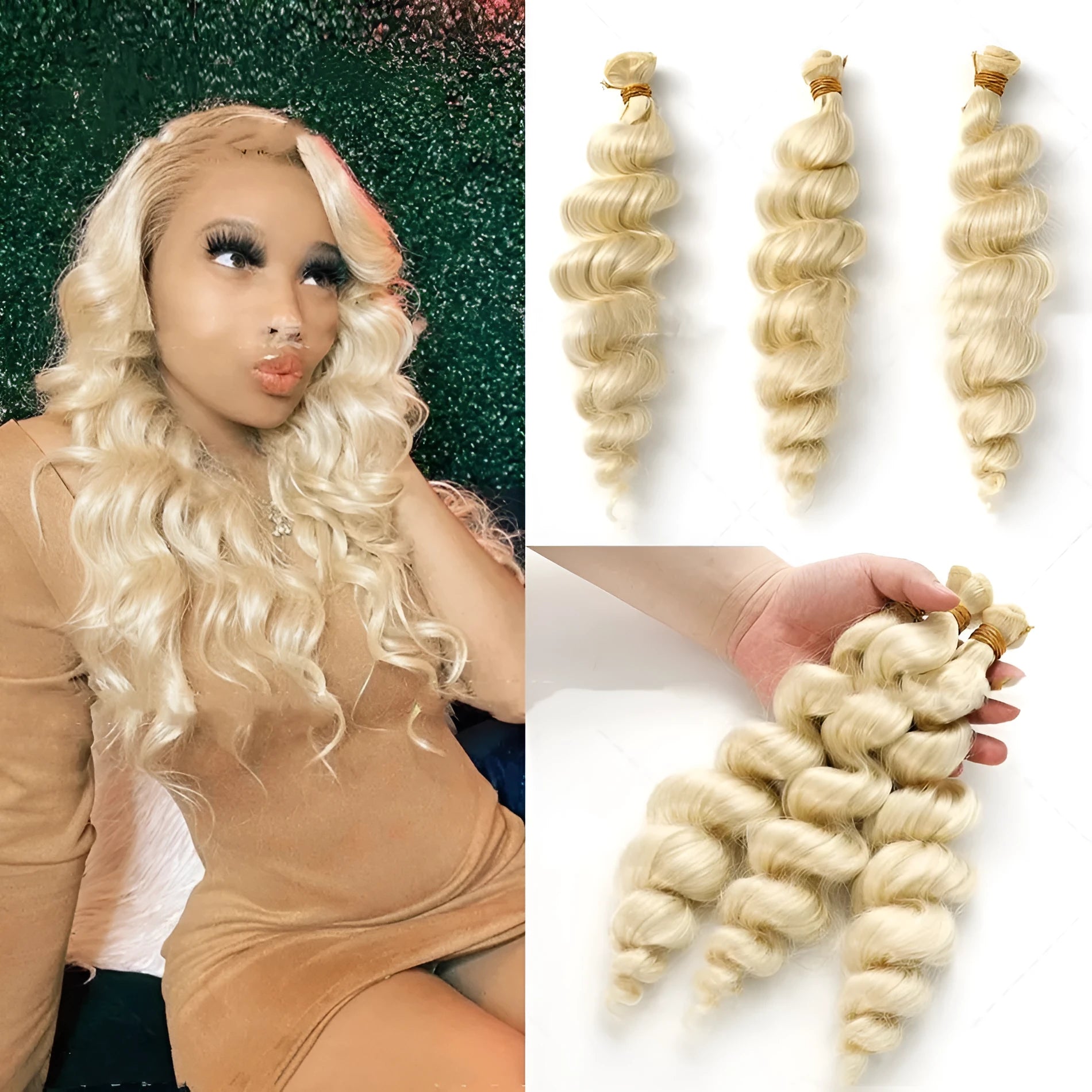 Golden synthetic hair weft wig for women shown in 18 inch, 20 inch and 22 inch length options.