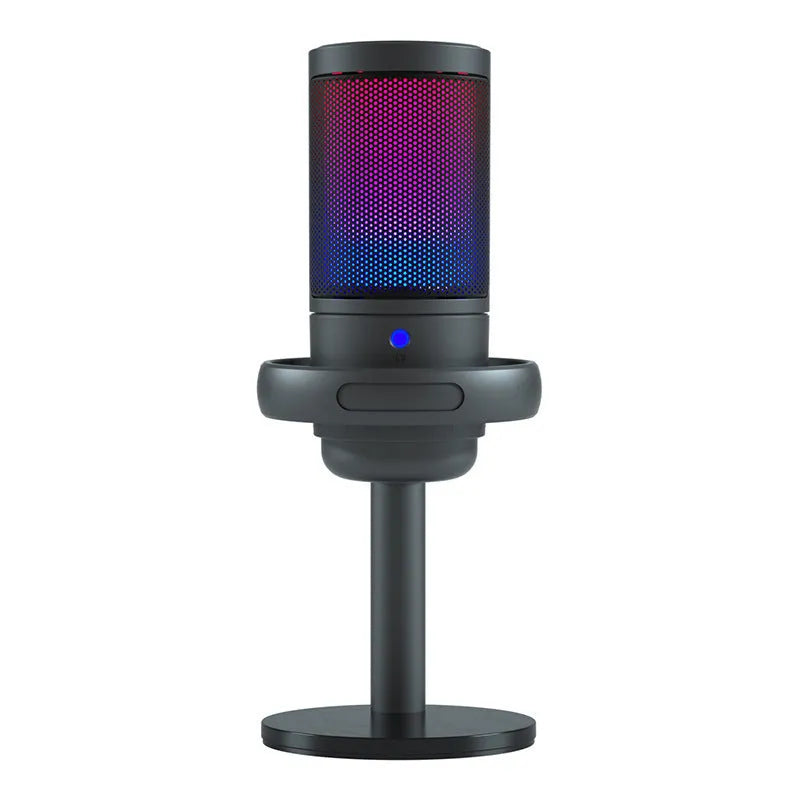 USB condenser microphone with colourful LED lighting effects on cantilever stand