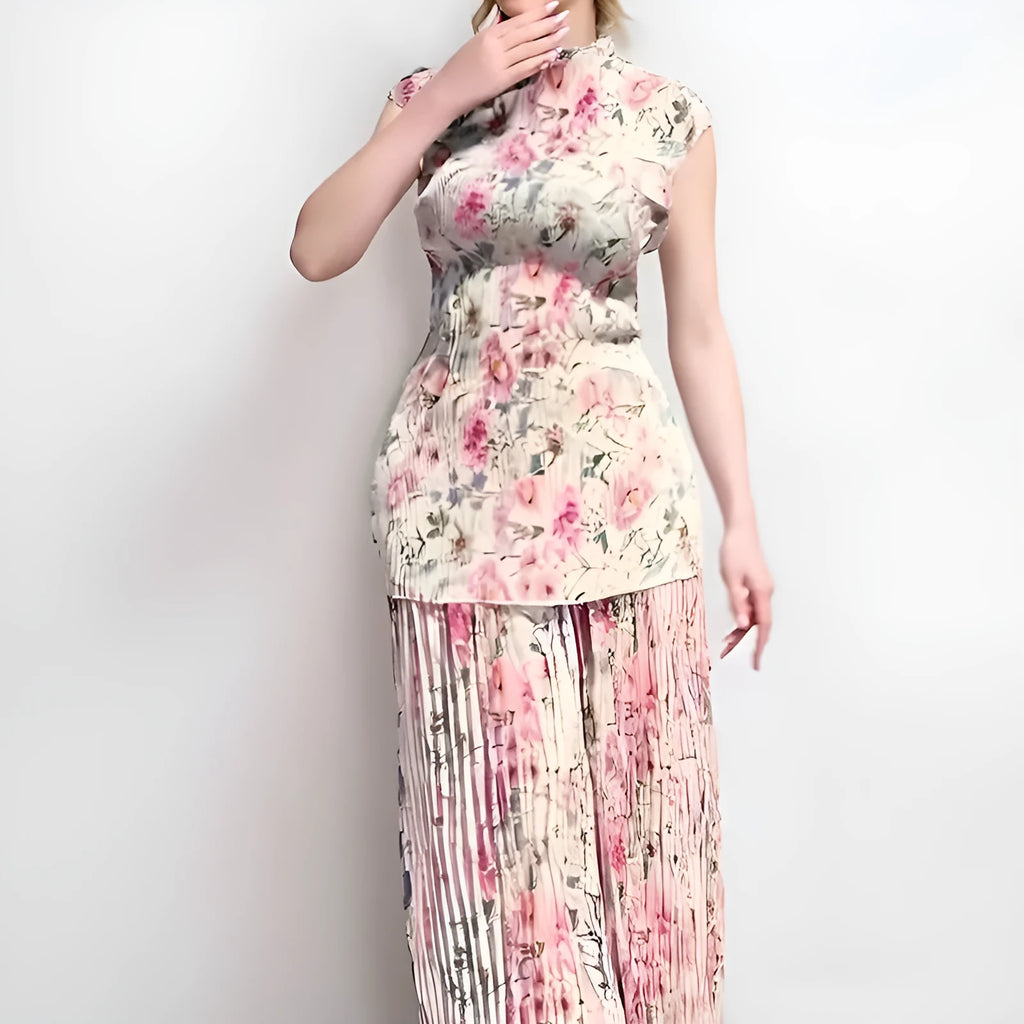 Women's long sleeve printed chiffon dress set with high waist skirt in picture colour
