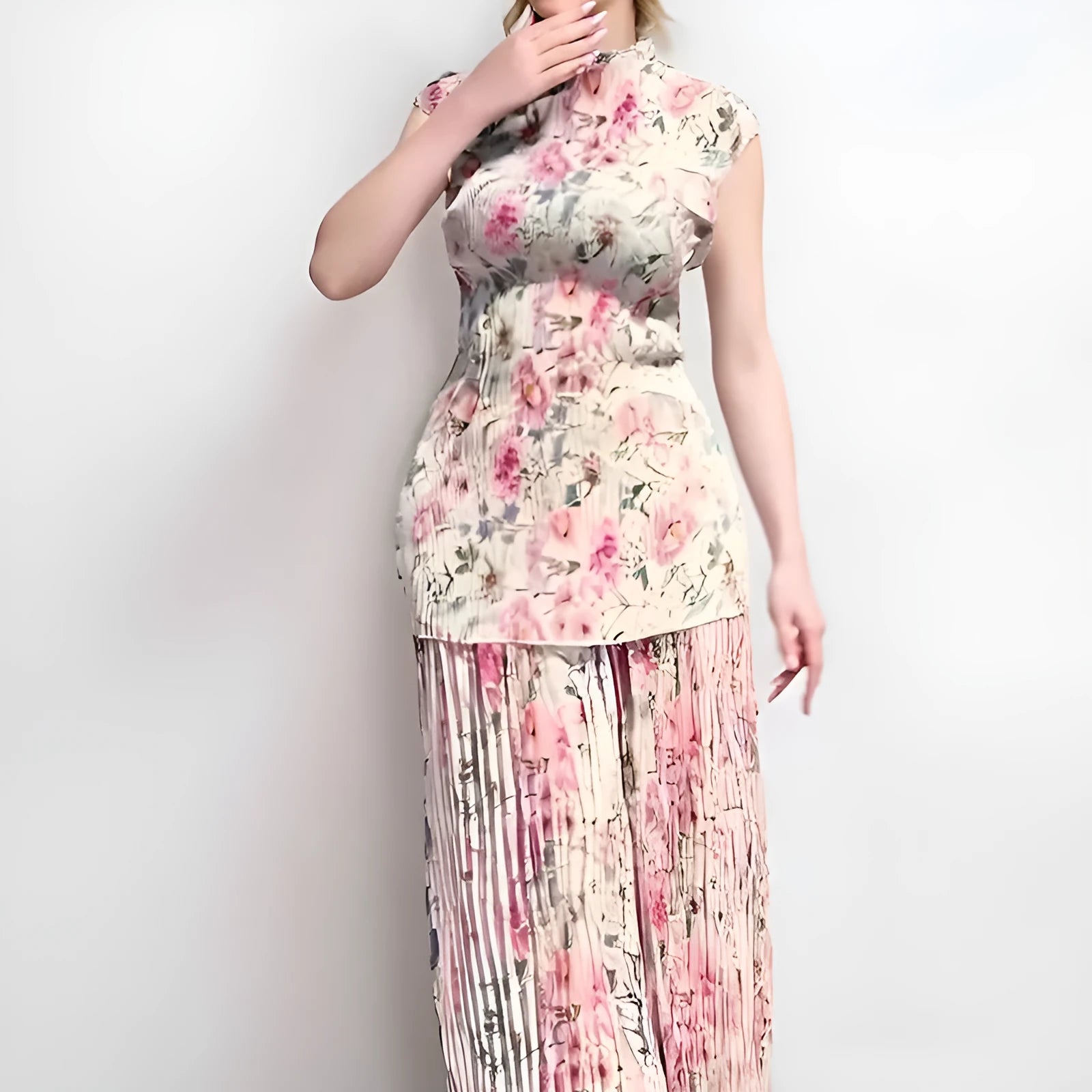 Women's long sleeve printed chiffon dress set with high waist skirt in picture colour