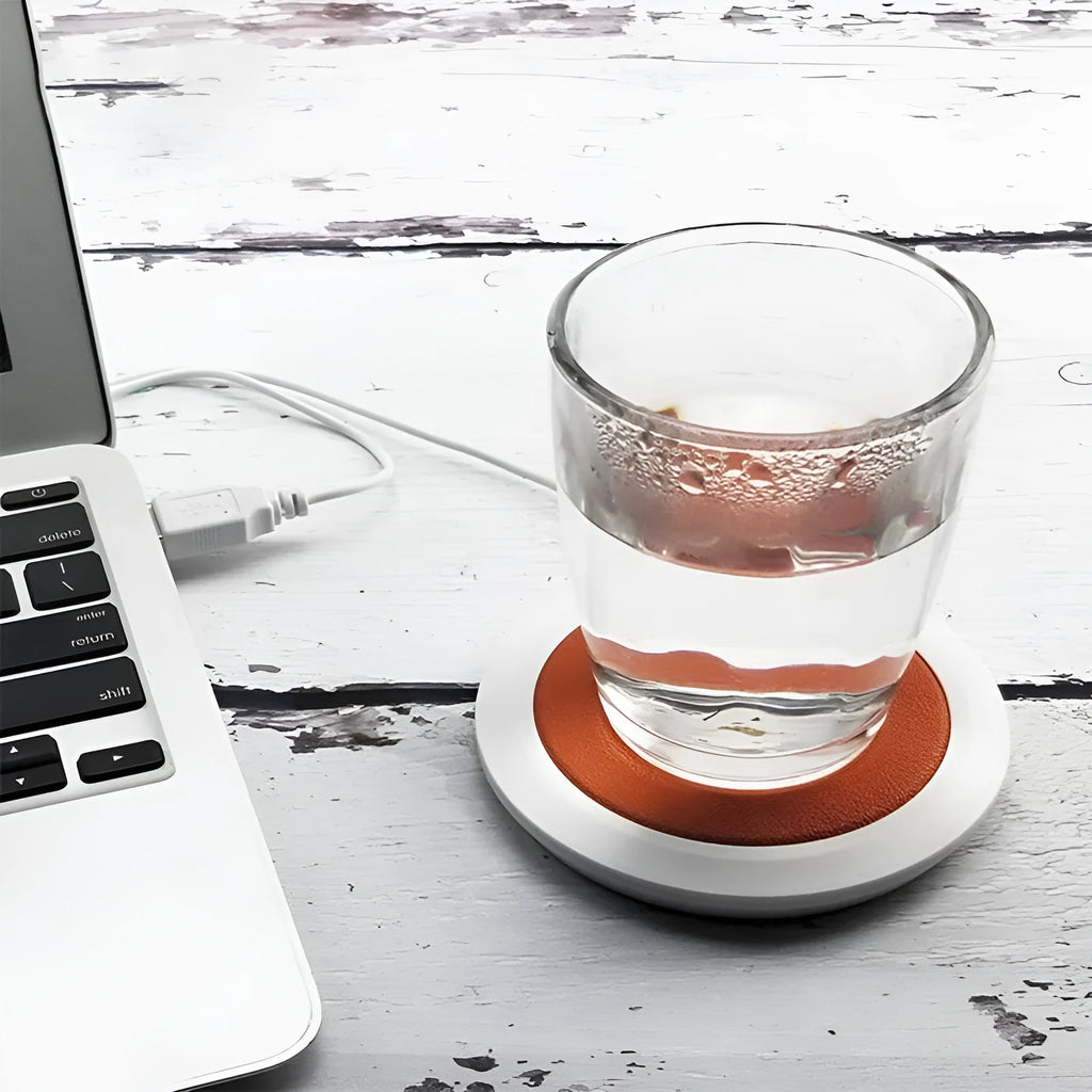 USB-powered insulated heating coaster for mugs in black, blue, and orange PU artificial leather.