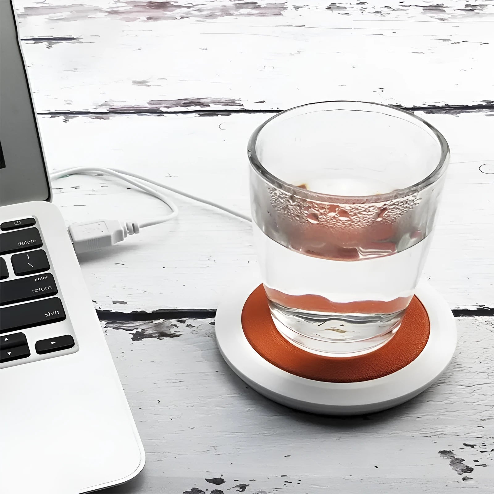 USB-powered insulated heating coaster for mugs in black, blue, and orange PU artificial leather.