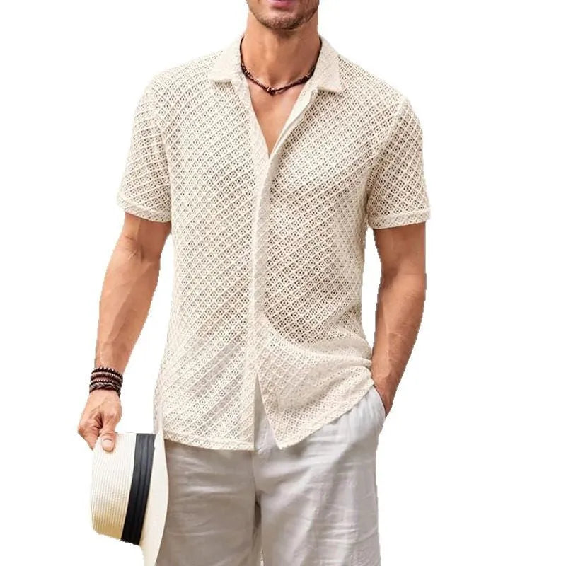 Man wearing a short sleeve lapel cardigan shirt in a solid light colour for summer.