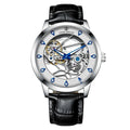 Men's silver mechanical watch with white dial, blue hands, and black leather strap