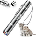 Silver aluminium cat laser pointer toy with USB charging port and projection patterns.