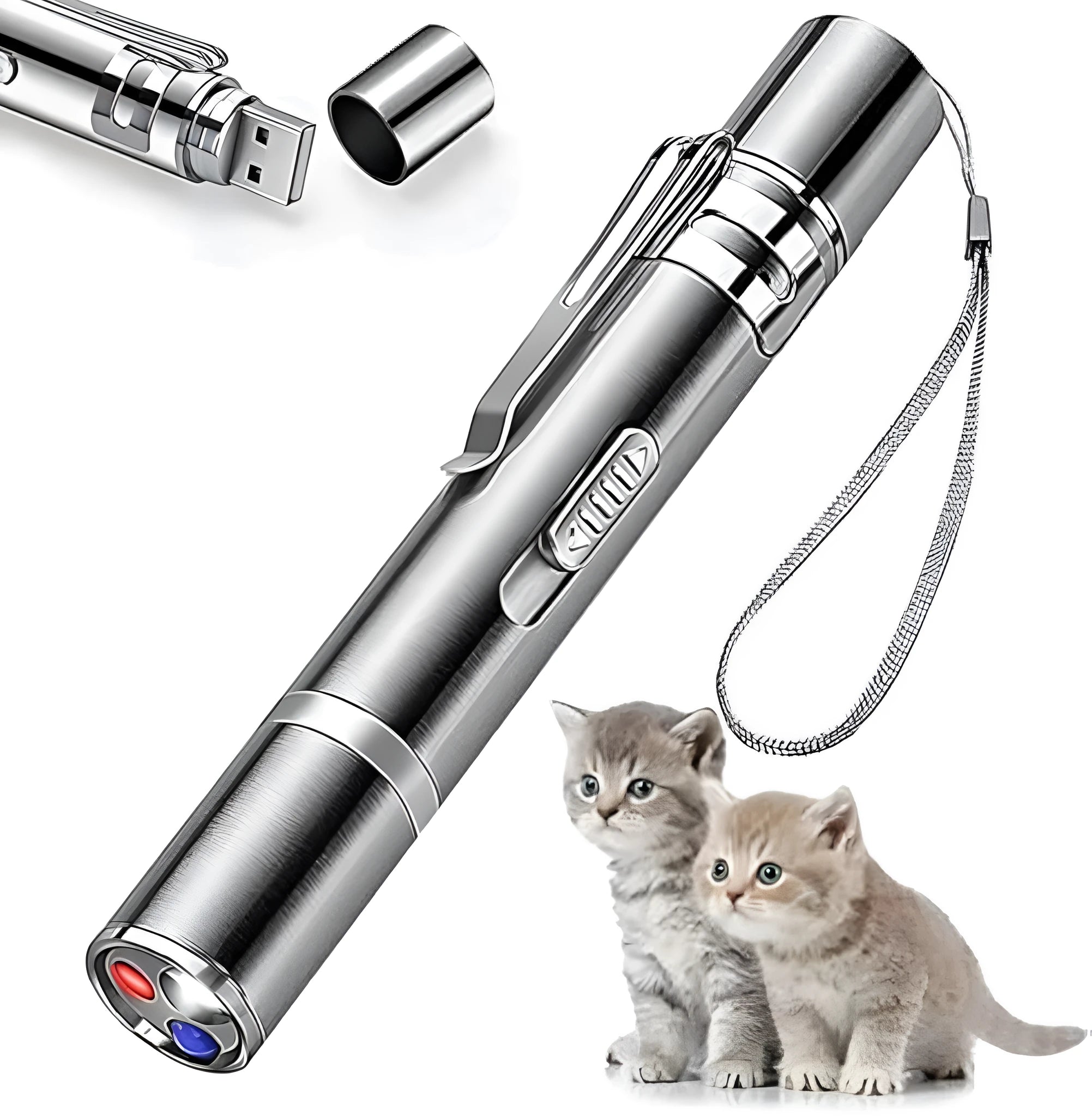 Silver aluminium cat laser pointer toy with USB charging port and projection patterns.