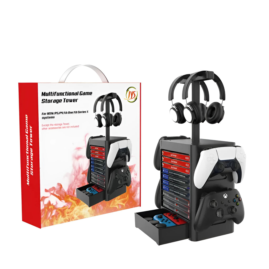 Black ABS gaming console storage rack holding headphones, controllers, and game cases.