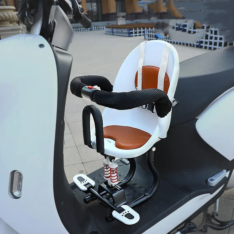 Front baby battery scooter safety seat with steel frame in black, red, or white