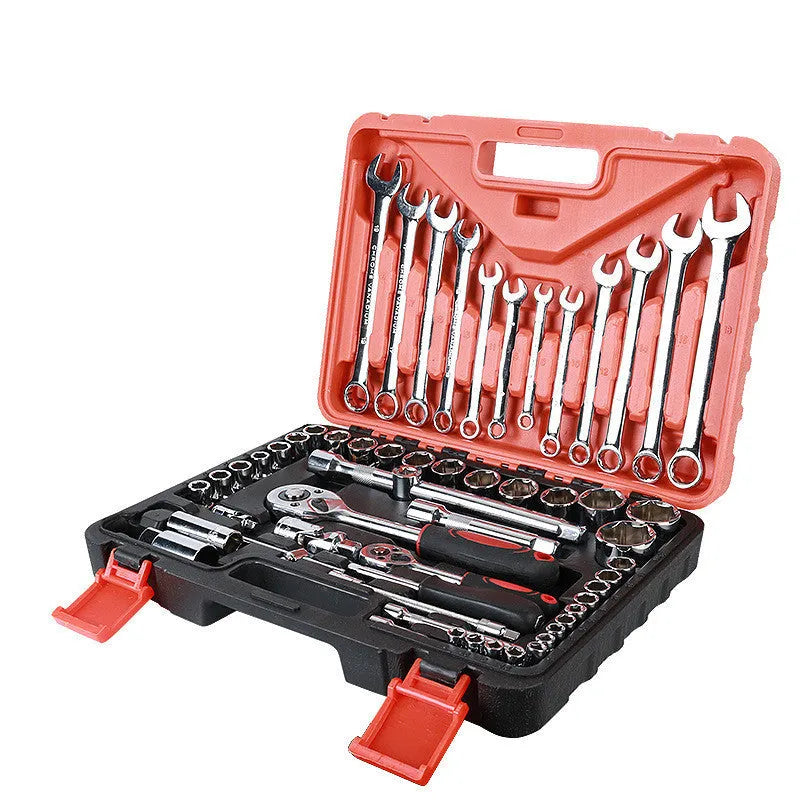 61-piece chrome vanadium steel auto repair socket wrench set with ratchets and metric sockets displayed.