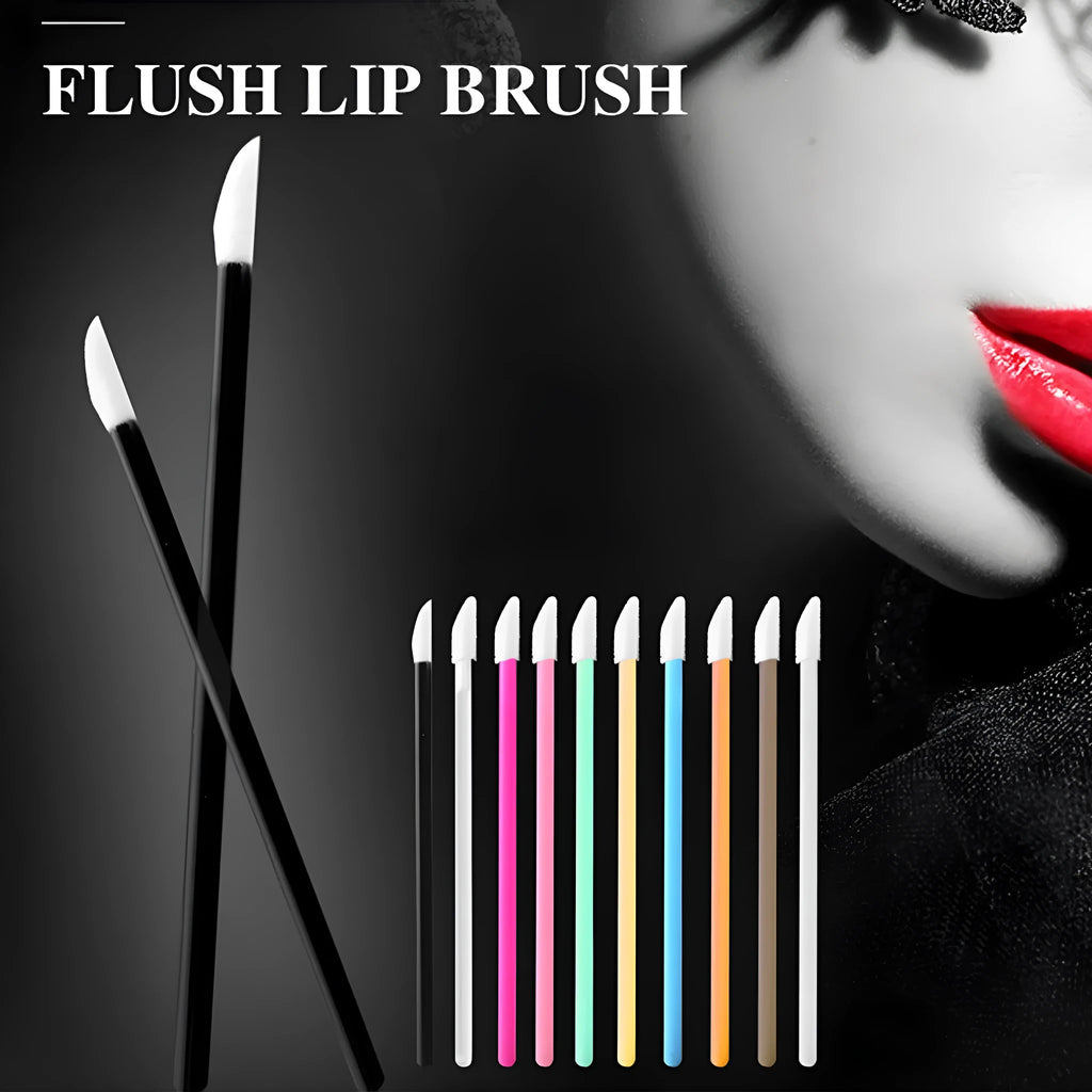 Pack of disposable lip brushes with flocked heads and coloured handles for lipstick application.
