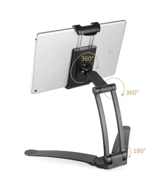 Silver aluminium alloy desktop tablet stand with adjustable white mount holding a tablet