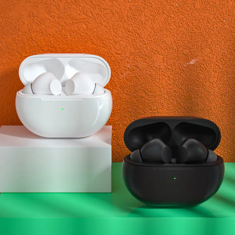 Pro4 wireless Bluetooth headset with two earpieces and a charging case in black or white.