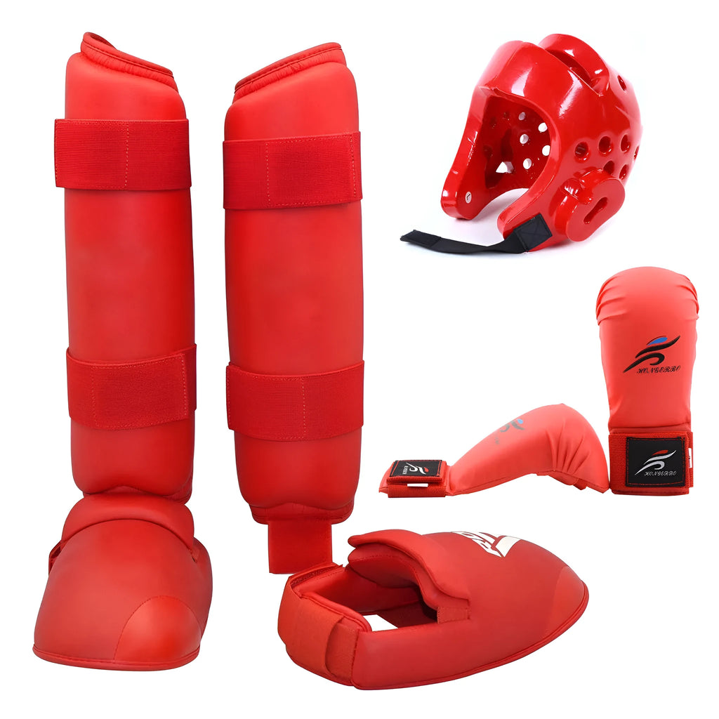 Karate protective gear set with red leg guards, helmet, and boxing gloves for martial arts training