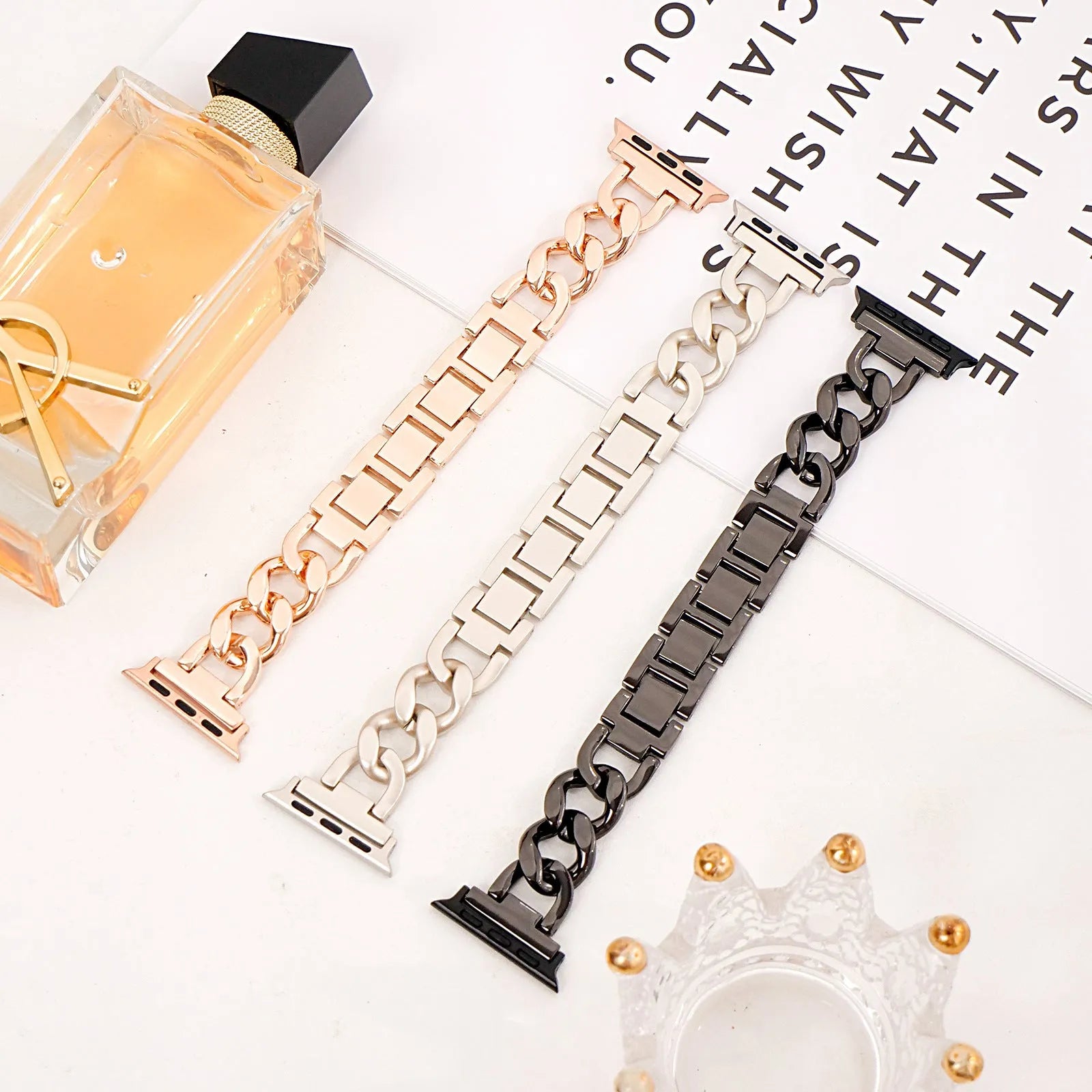 Denim chain metal Apple watch strap in silver black gold rose gold starlight colours