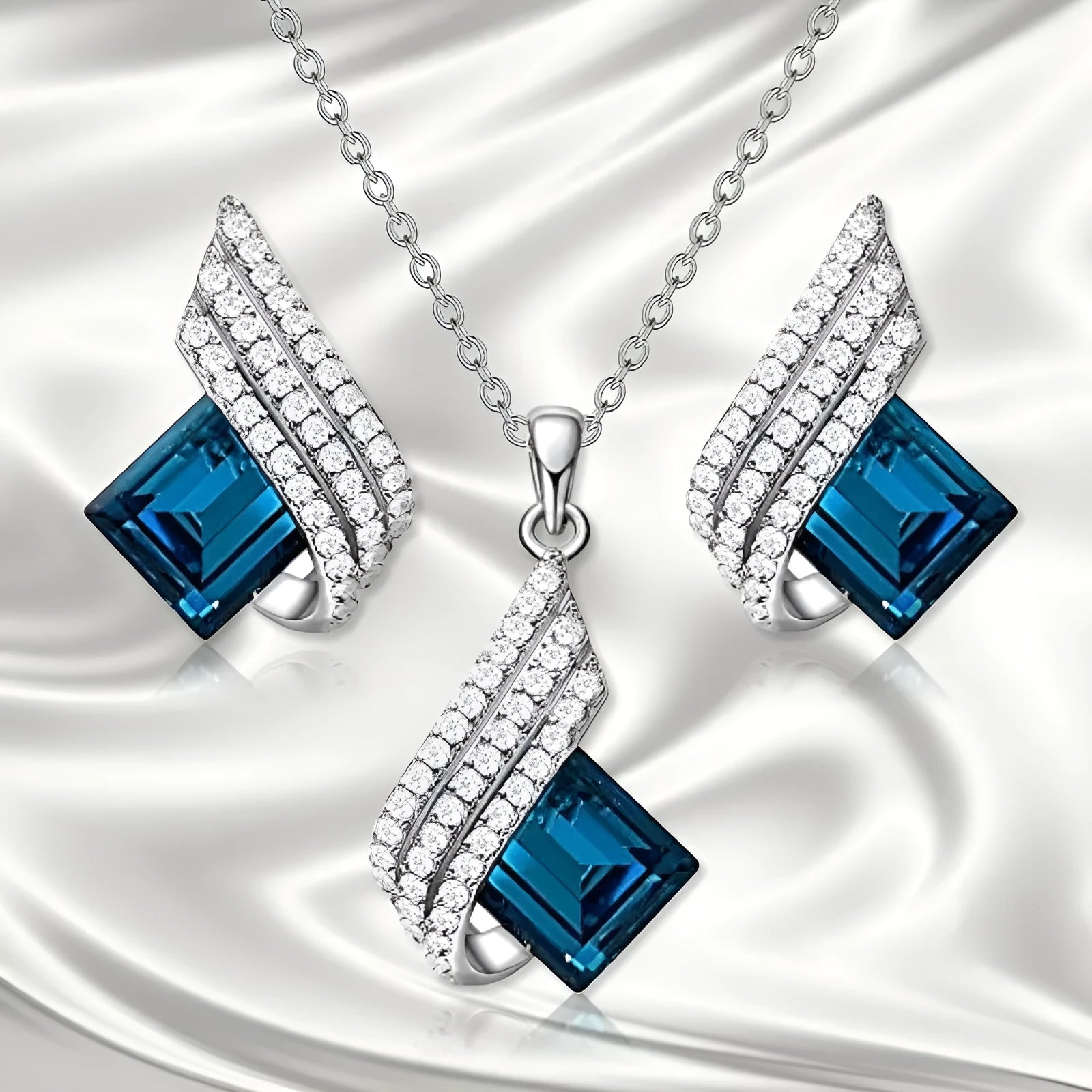 Glass cross chain necklace with matching electroplated alloy pendant ear stud earrings set for women