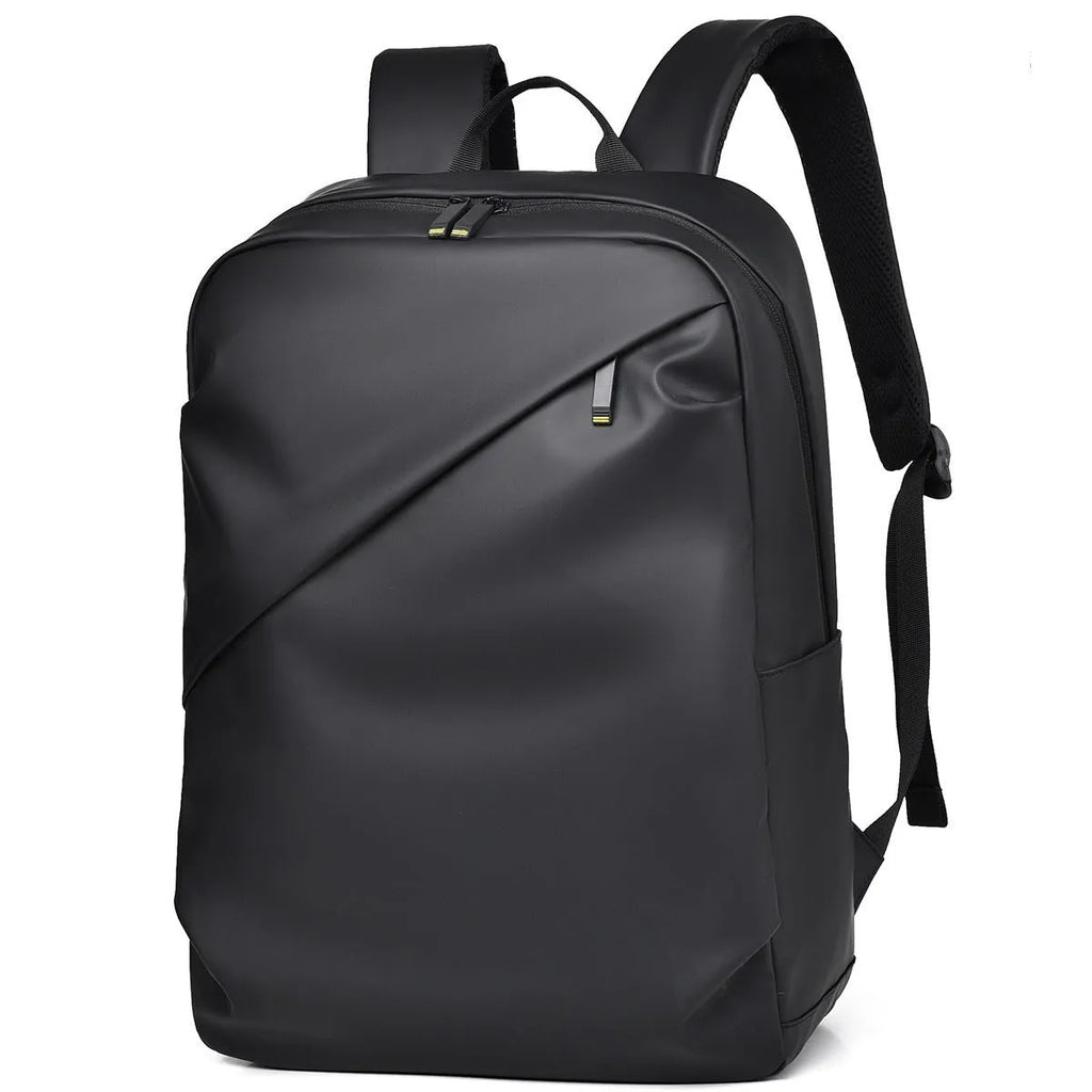 Black waterproof PU leather backpack for men with large capacity and computer compartment
