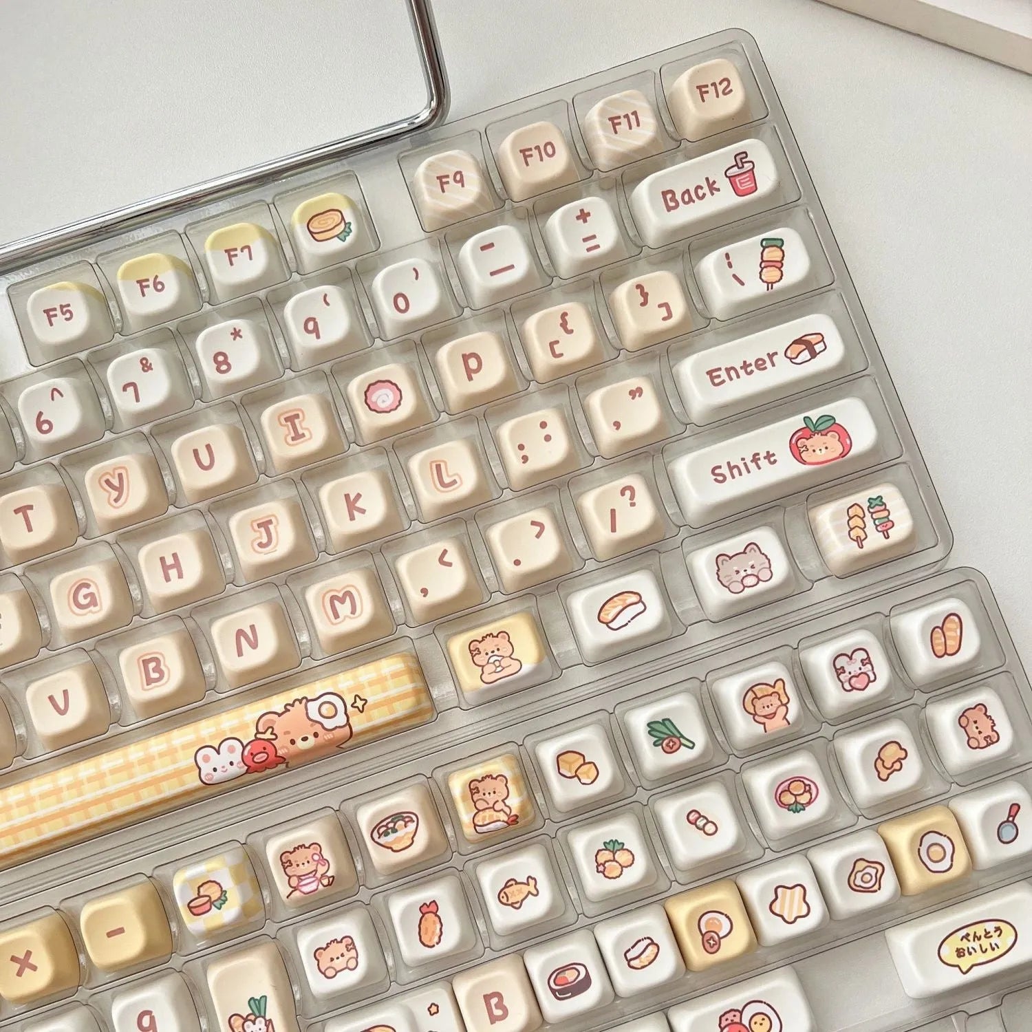Rabbit Bear Restaurant themed PBT plastic keycap set for mechanical keyboards, showing 140 keys with EOA height profile.