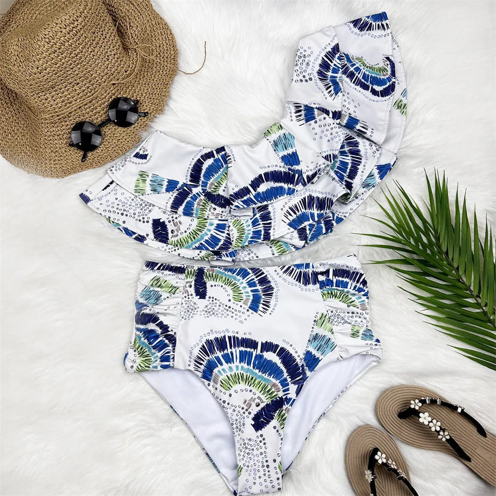 White women's one-shoulder swimsuit with split hem and double-layer lotus leaf design