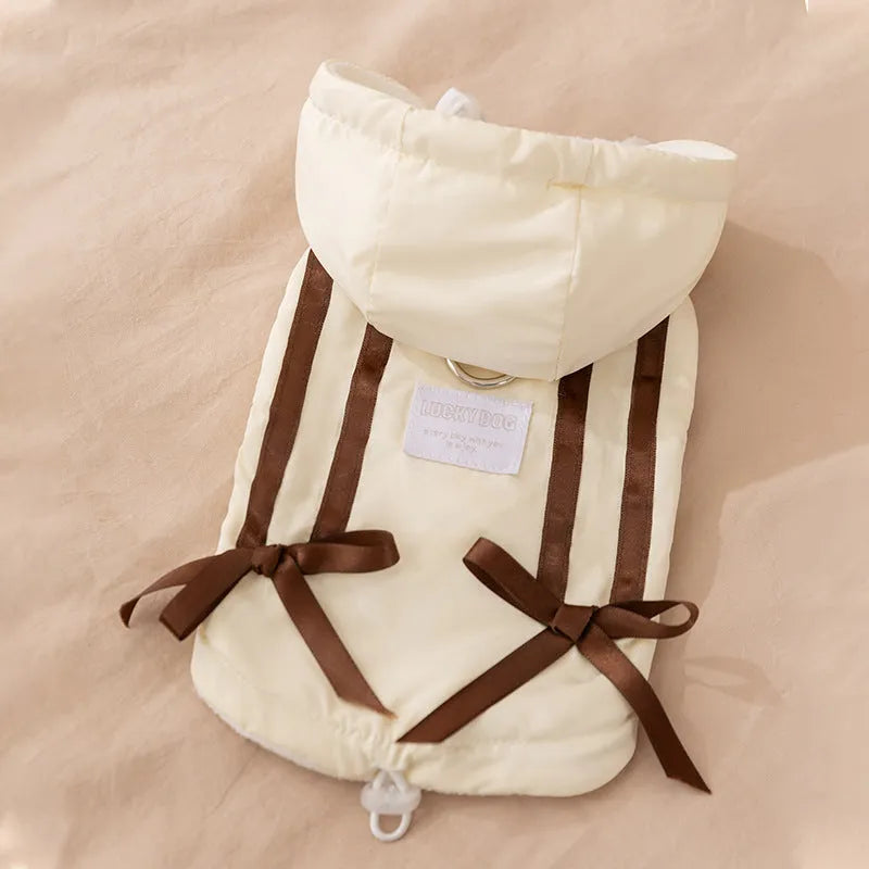 Winter fleece cat clothes with bow in pink, padded down jacket for small dogs and kittens