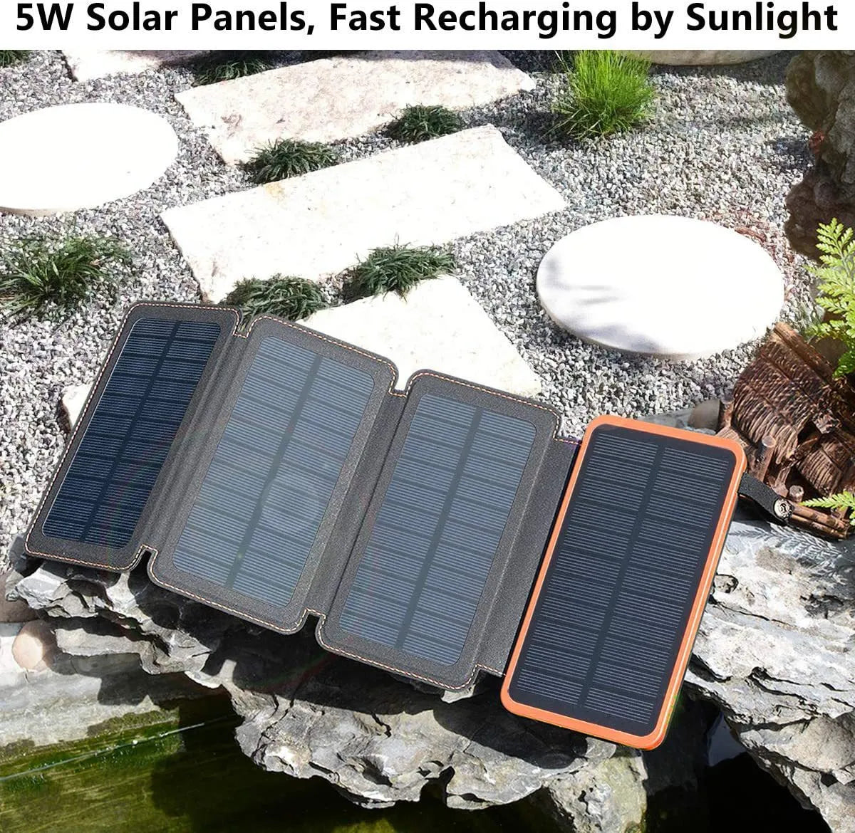 Outdoor solar power bank in multiple colours with solar panel, LED light, and leather casing.