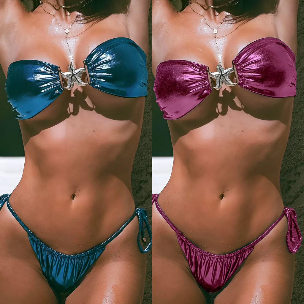 Women's glossy tube top split bikini with gold starfish print in sapphire blue colour