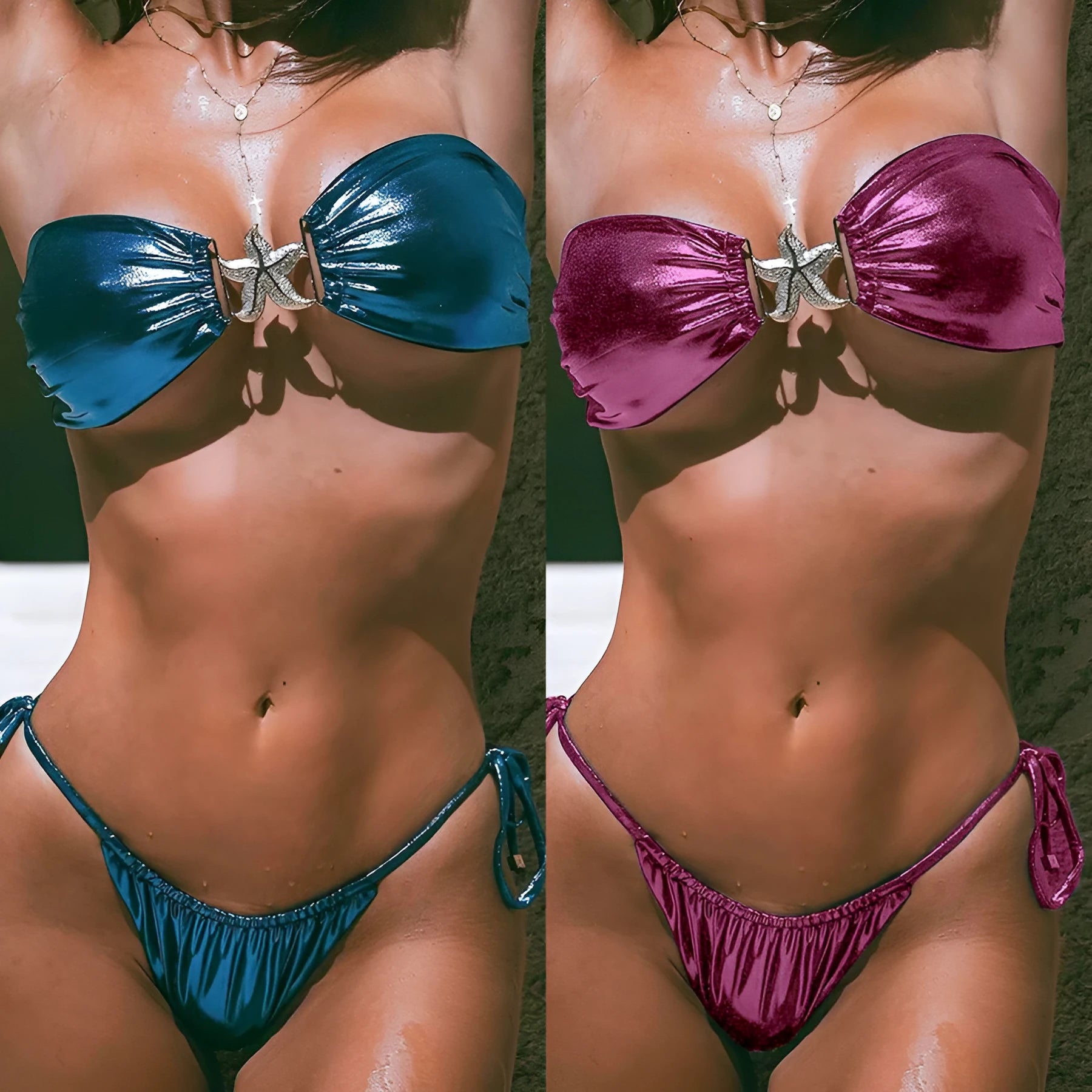 Women's glossy tube top split bikini with gold starfish print in sapphire blue colour